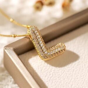 18K Gold Bubble Letter L  Initial Pave Diamond Inlay Monogram Pendant Necklace